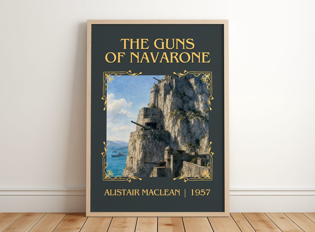The Guns of Navarone Classic Book Art Print by Alistair MacLean – framed print leaning on a wooden floor