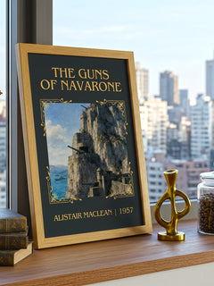 The Guns of Navarone Classic Book Art Print by Alistair MacLean – framed print on a city-view windowsill