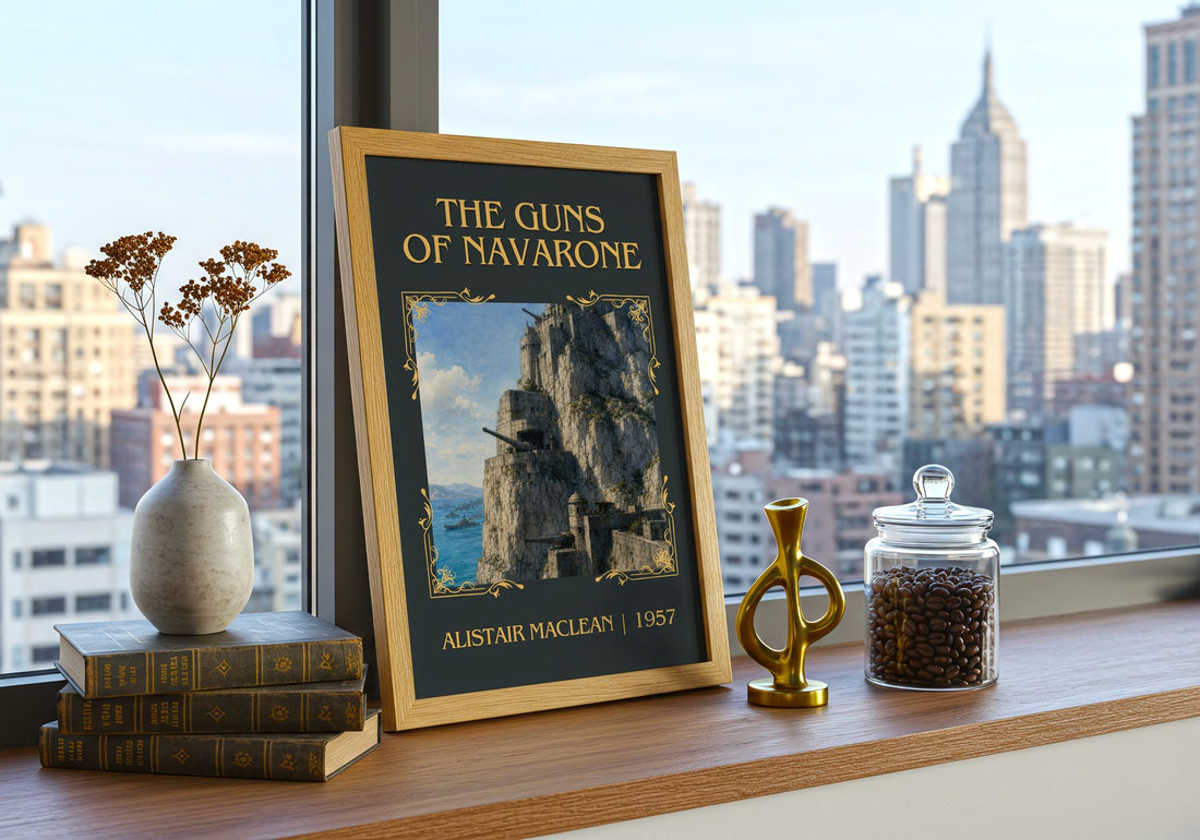 The Guns of Navarone Classic Book Art Print by Alistair MacLean – framed print on a city-view windowsill