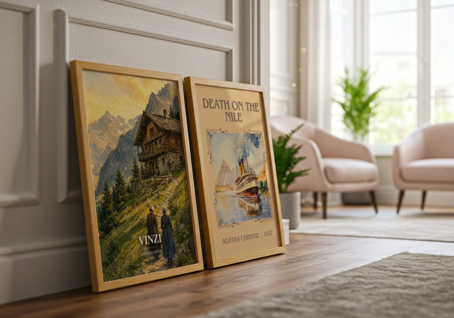 Vinzi watercolour print framed by window – literary home decor