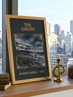The Ghost Classic Book Art Print by Robert Harris – framed print on a city-view windowsill