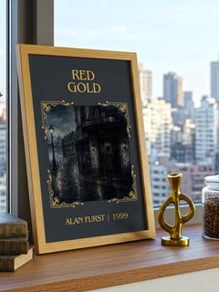 Red Gold Classic Book Art Print by Alan Furst – framed print on a city-view windowsill