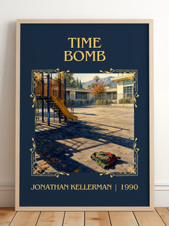 Time Bomb Classic Book Art Print by Jonathan Kellerman – framed print leaning on a wooden floor