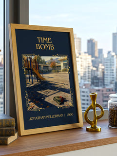 Time Bomb Classic Book Art Print by Jonathan Kellerman – framed print on a city-view windowsill