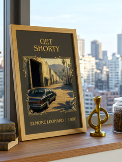 Get Shorty Classic Book Art Print by Elmore Leonard – framed print on a city-view windowsill