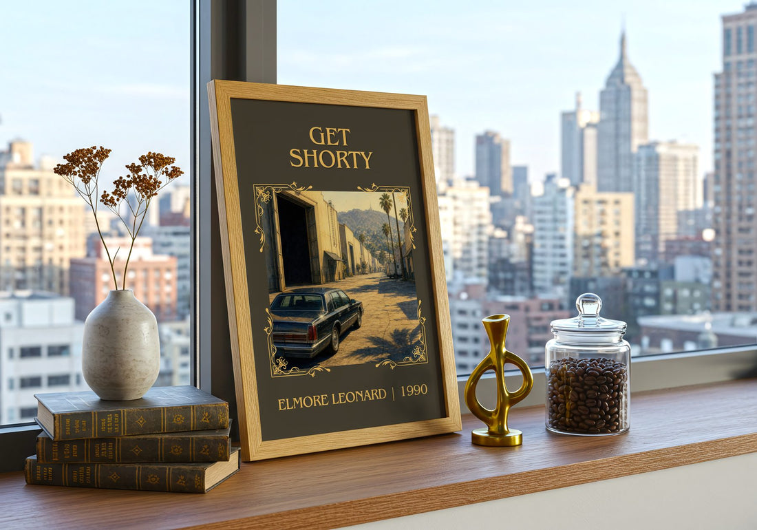 Get Shorty Classic Book Art Print by Elmore Leonard – framed print on a city-view windowsill