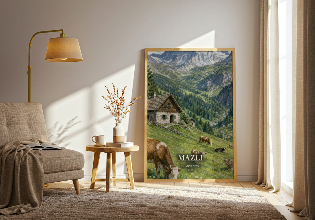 Mazli watercolour print in frame leaning in hallway – childrens wall art (mockup)