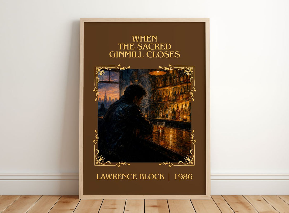 When the Sacred Ginmill Closes Classic Book Art Print by L. Block – framed print leaning on a wooden floor