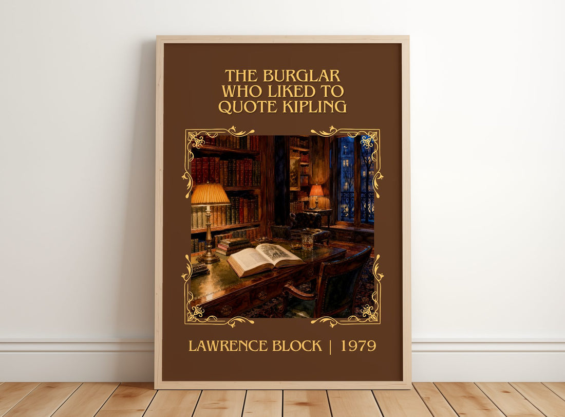 Burglar Who Liked to Quote Kipling Classic Book Art Print by L. Block – framed print leaning on a wooden floor