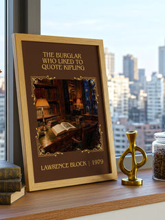 Burglar Who Liked to Quote Kipling Classic Book Art Print by L. Block – framed print on a city-view windowsill
