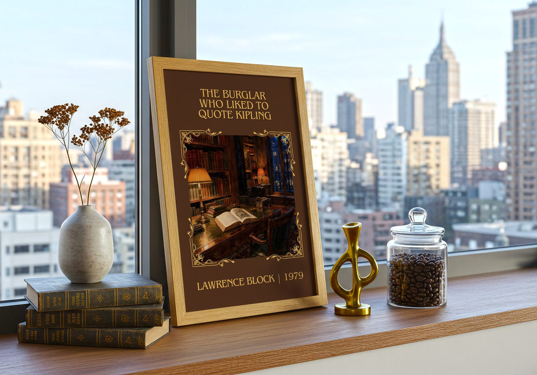 Burglar Who Liked to Quote Kipling Classic Book Art Print by L. Block – framed print on a city-view windowsill