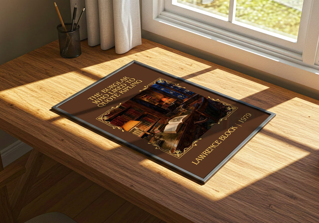 Burglar Who Liked to Quote Kipling Classic Book Art Print by L. Block – print on a sunlit desk
