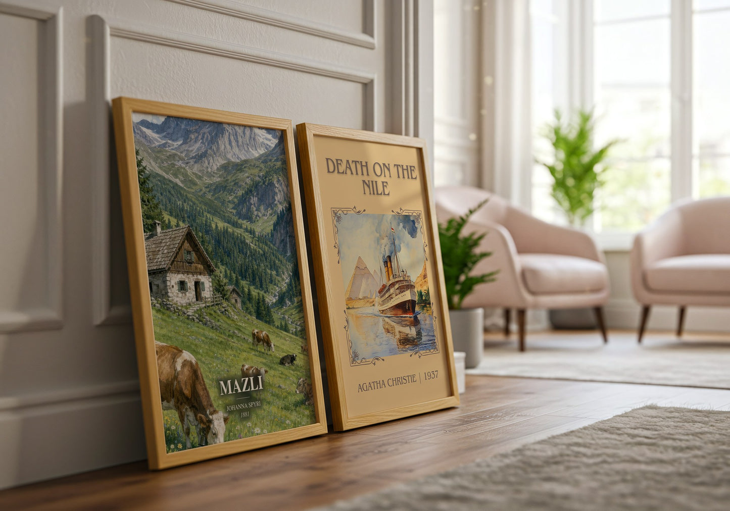 Mazli watercolour print framed by window – literary home decor