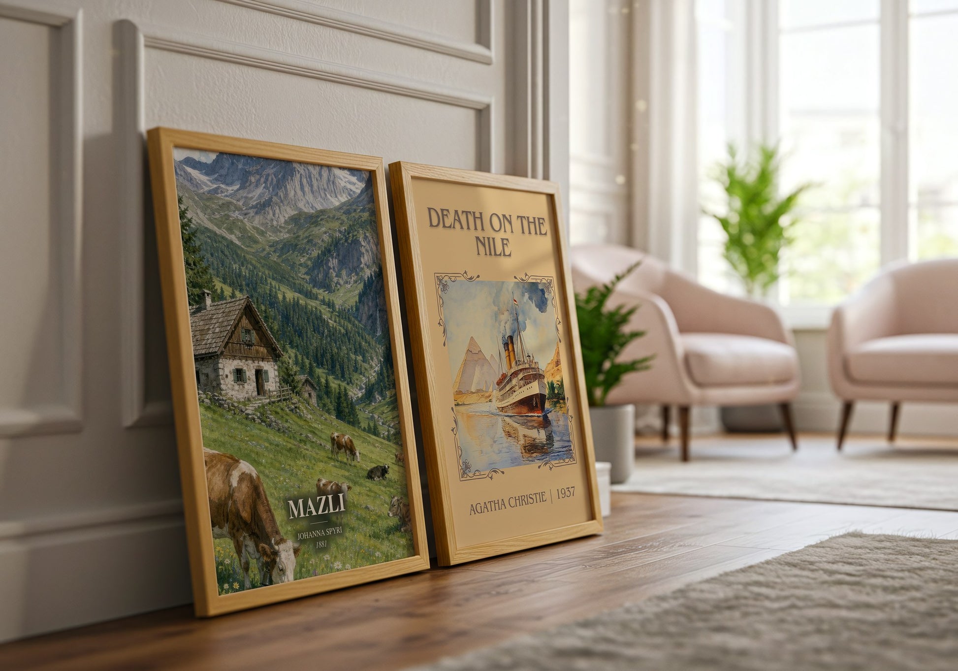 Mazli watercolour print framed by window – literary home decor
