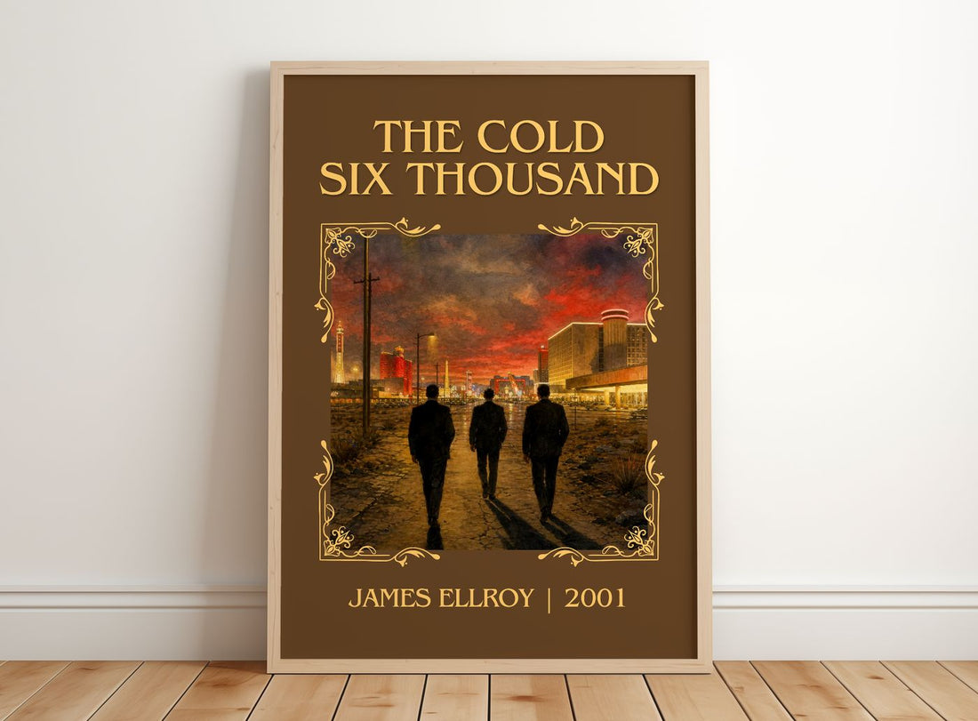 The Cold Six Thousand Classic Book Art Print by James Ellroy – framed print leaning on a wooden floor