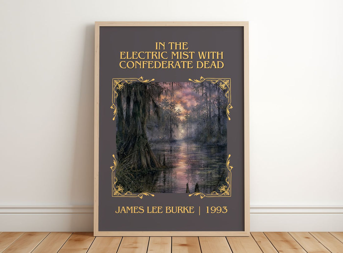 In the Electric Mist with Confederate Dead Classic Book Art Print by James Lee Burke – framed print leaning on a wooden floor