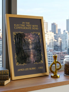 In the Electric Mist with Confederate Dead Classic Book Art Print by James Lee Burke – framed print on a city-view windowsill