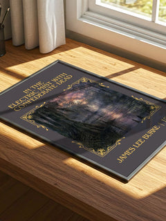 In the Electric Mist with Confederate Dead Classic Book Art Print by James Lee Burke – print on a sunlit desk