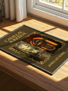 Cadillac Jukebox Classic Book Art Print by James Lee Burke – print on a sunlit desk