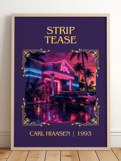 Strip Tease Classic Book Art Print by Carl Hiaasen – framed print leaning on a wooden floor