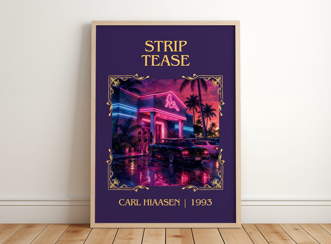 Strip Tease Classic Book Art Print by Carl Hiaasen – framed print leaning on a wooden floor