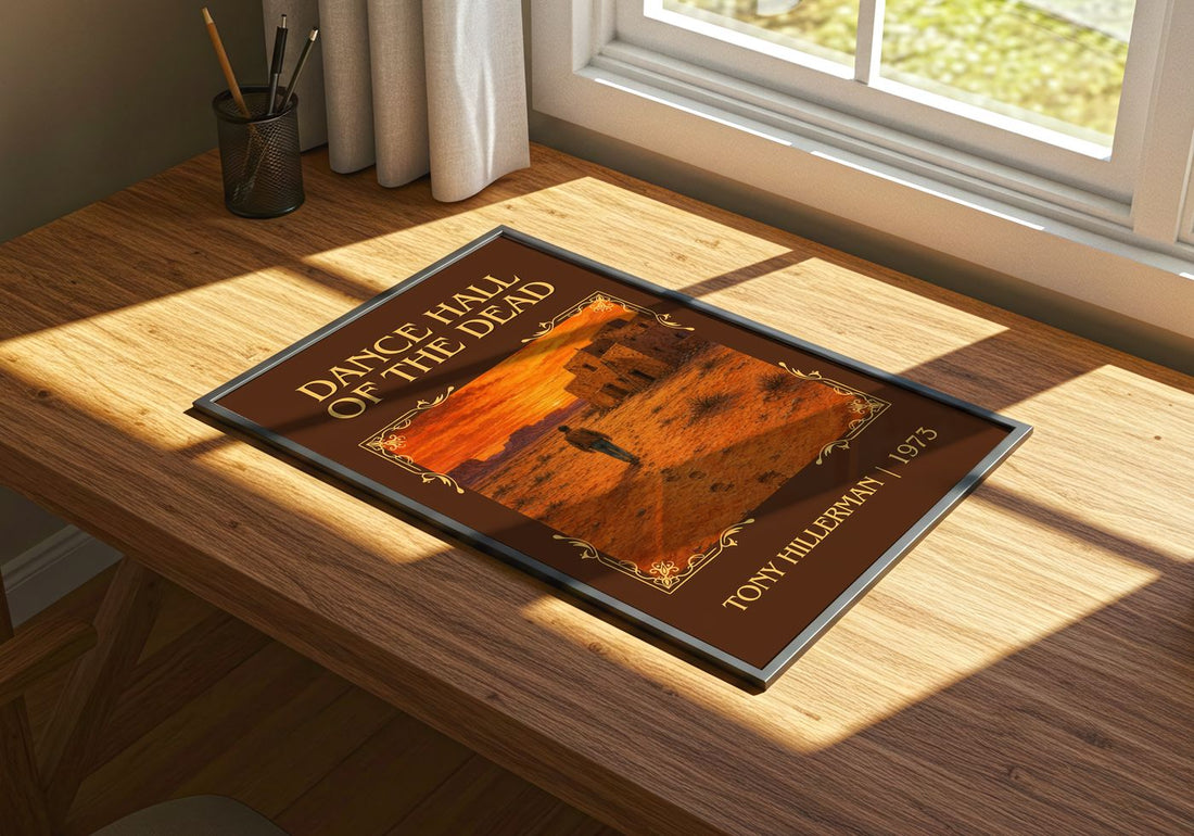 Dance Hall of the Dead Classic Book Art Print by Tony Hillerman – print on a sunlit desk