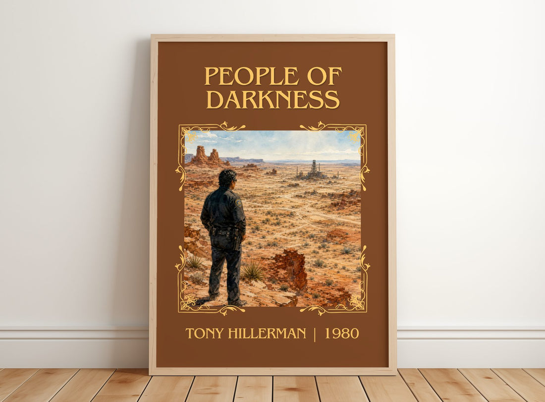 People of Darkness Classic Book Art Print by Tony Hillerman – framed print leaning on a wooden floor