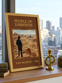 People of Darkness Classic Book Art Print by Tony Hillerman – framed print on a city-view windowsill