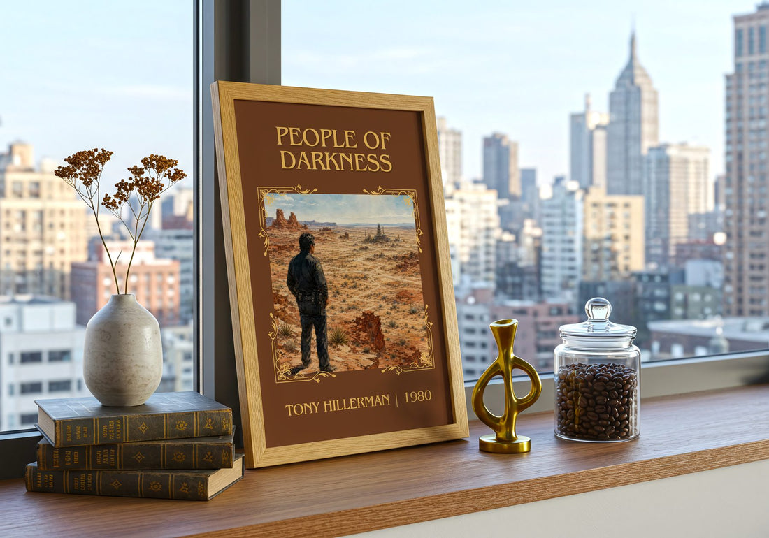 People of Darkness Classic Book Art Print by Tony Hillerman – framed print on a city-view windowsill