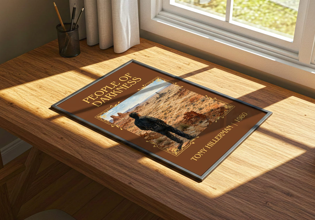 People of Darkness Classic Book Art Print by Tony Hillerman – print on a sunlit desk