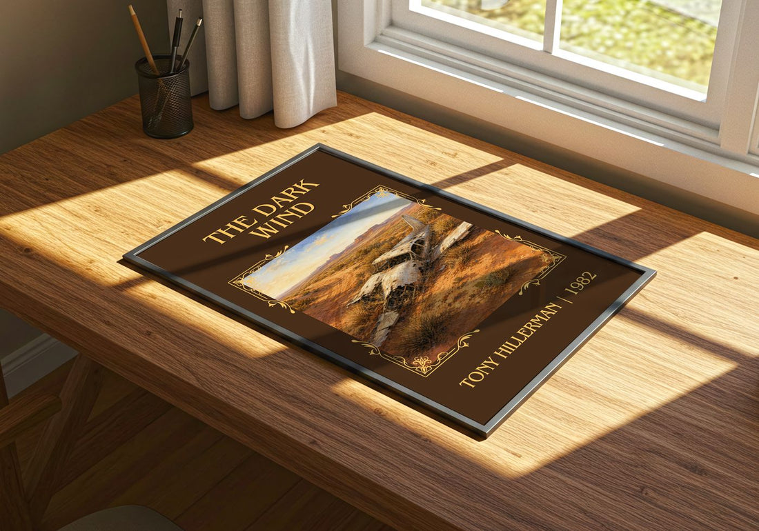 The Dark Wind Classic Book Art Print by Tony Hillerman – print on a sunlit desk