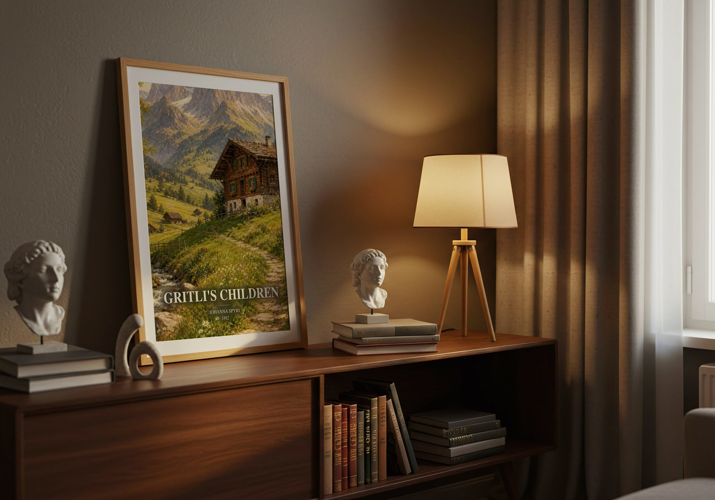 Gritli'S Children watercolour print on bookshelf – Johanna Spyri fan gift