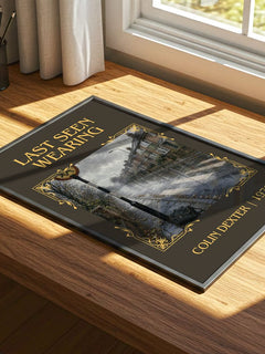 Last Seen Wearing Classic Book Art Print by Colin Dexter – print on a sunlit desk