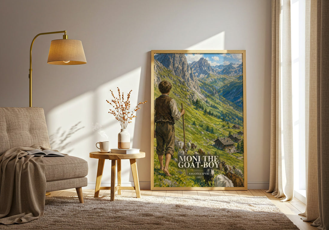 Moni The Goat-Boy watercolour print in frame leaning in hallway – childrens wall art (mockup)