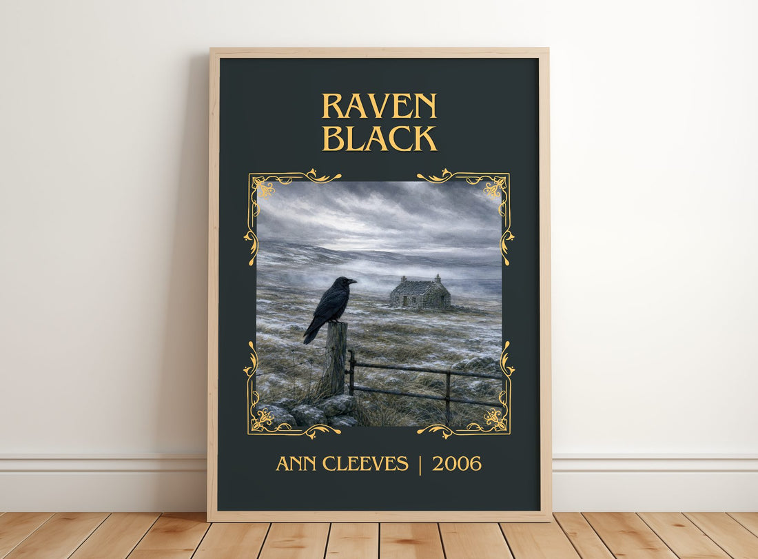 Raven Black Classic Book Art Print by Ann Cleeves – framed print leaning on a wooden floor