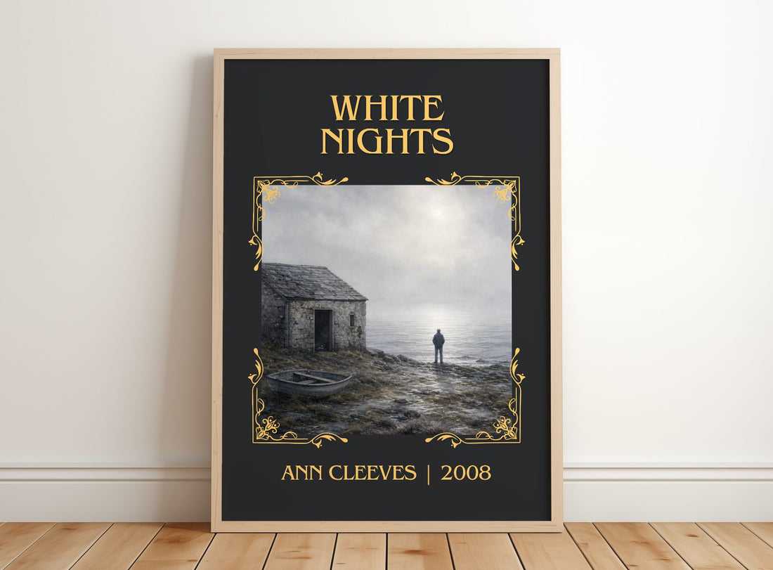 White Nights Classic Book Art Print by Ann Cleeves – framed print leaning on a wooden floor