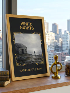 White Nights Classic Book Art Print by Ann Cleeves – framed print on a city-view windowsill