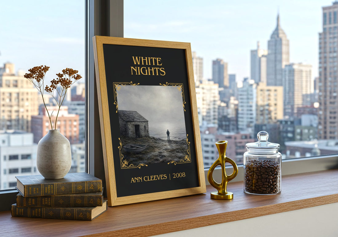 White Nights Classic Book Art Print by Ann Cleeves – framed print on a city-view windowsill
