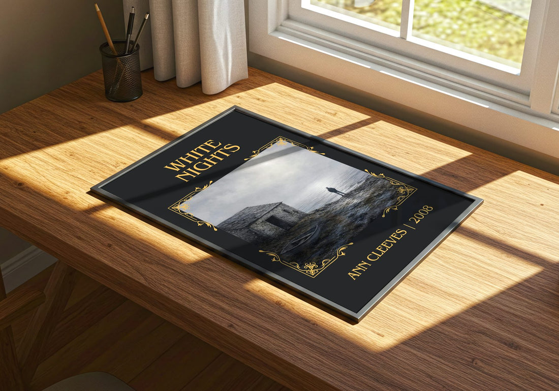 White Nights Classic Book Art Print by Ann Cleeves – print on a sunlit desk