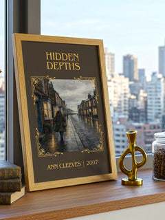 Hidden Depths Classic Book Art Print by Ann Cleeves – framed print on a city-view windowsill