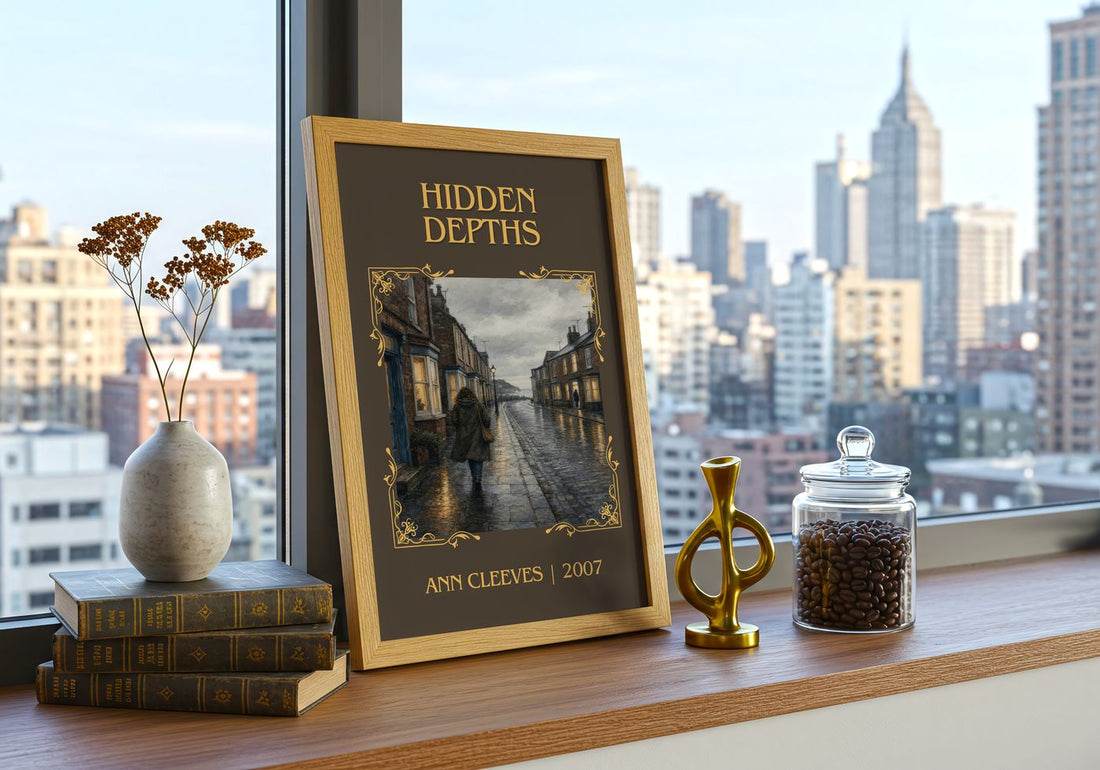 Hidden Depths Classic Book Art Print by Ann Cleeves – framed print on a city-view windowsill