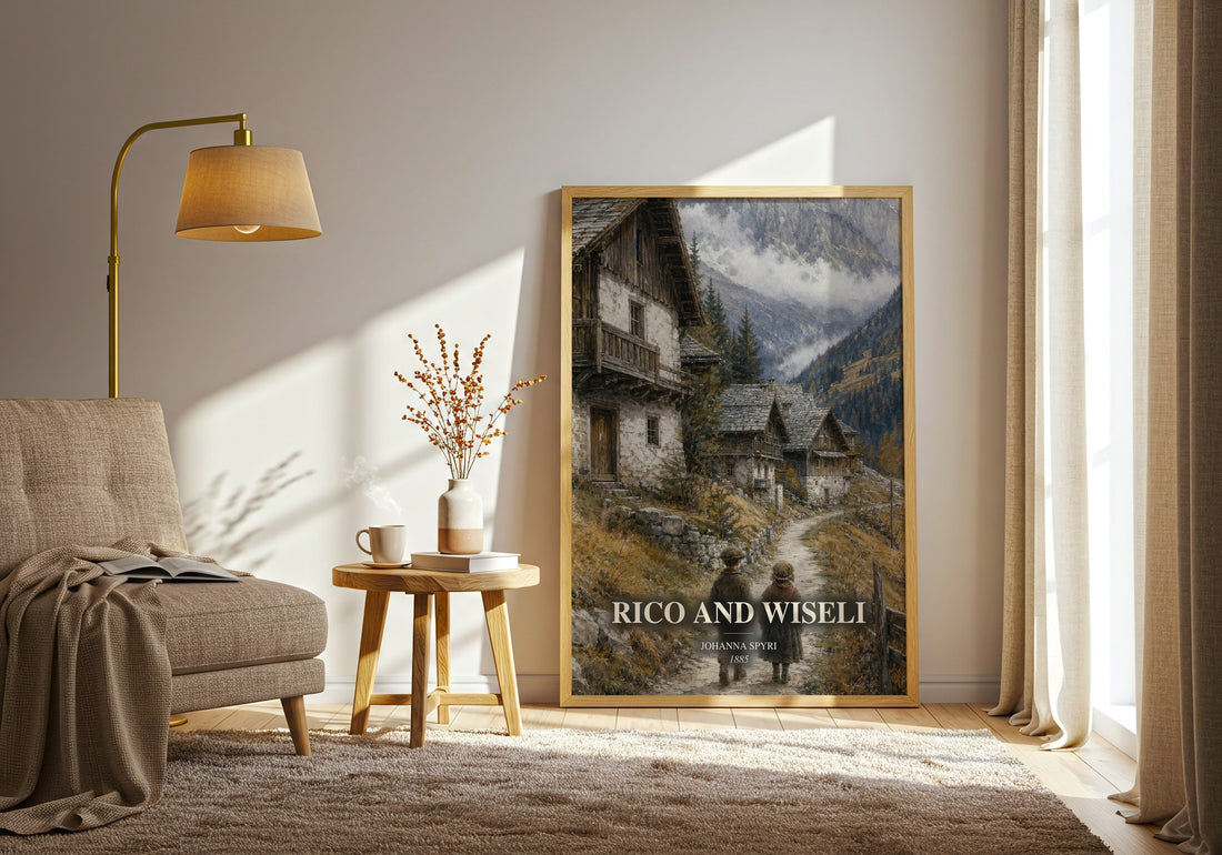 Rico And Wiseli watercolour print in frame leaning in hallway – childrens wall art (mockup)