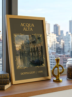 Acqua Alta Classic Book Art Print by Donna Leon – framed print on a city-view windowsill