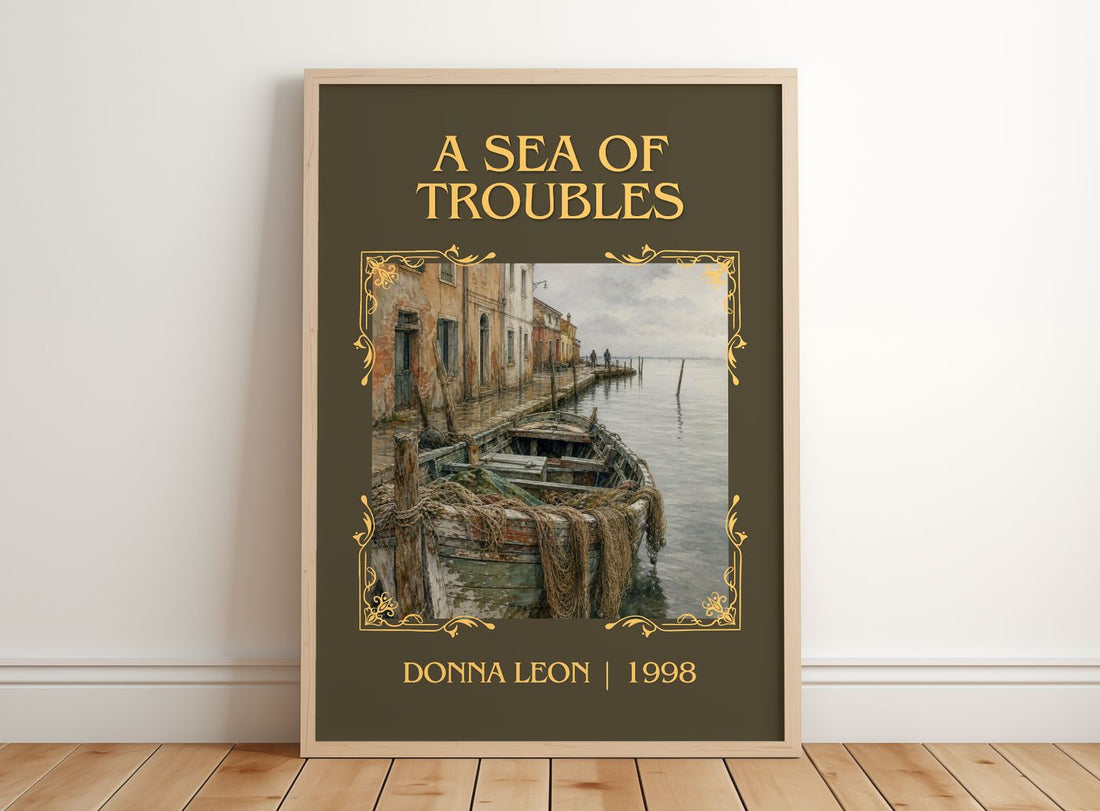A Sea of Troubles Classic Book Art Print by Donna Leon – framed print leaning on a wooden floor