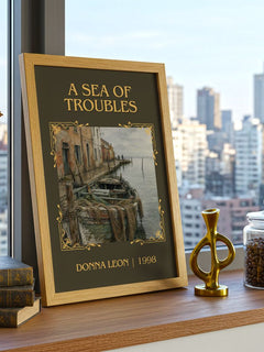 A Sea of Troubles Classic Book Art Print by Donna Leon – framed print on a city-view windowsill