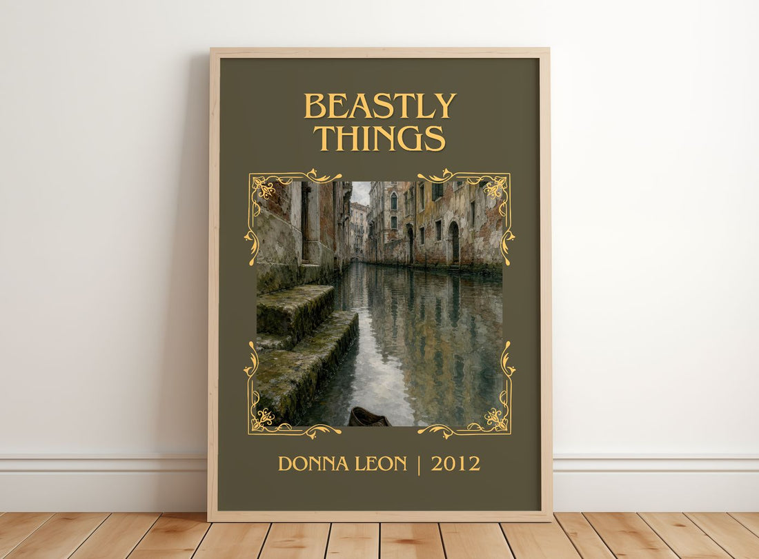 Beastly Things Classic Book Art Print by Donna Leon – framed print leaning on a wooden floor