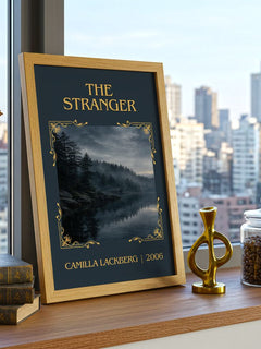 The Stranger Classic Book Art Print by Camilla Läckberg – framed print on a city-view windowsill