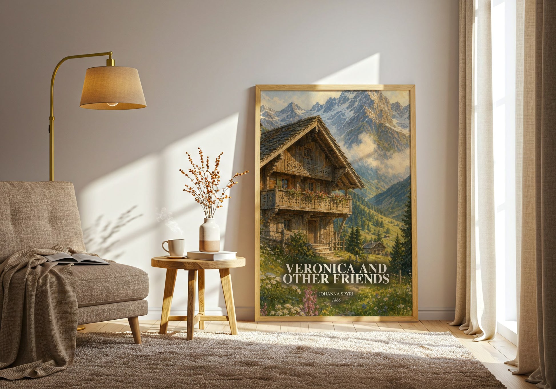 Veronica And Other Friends watercolour print in frame leaning in hallway – childrens wall art