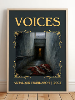 Voices Classic Book Art Print by Arnaldur Indriðason – framed print leaning on a wooden floor