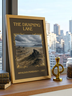 The Draining Lake Classic Book Art Print by Arnaldur Indriðason – framed print on a city-view windowsill